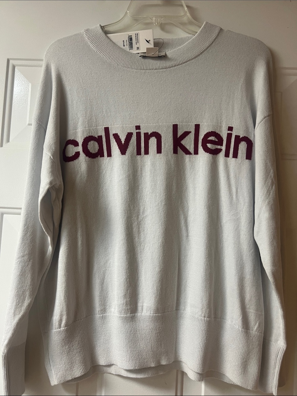 Calvin Klein Crewneck Sweater in White with Crimson Tide Colors Alabama